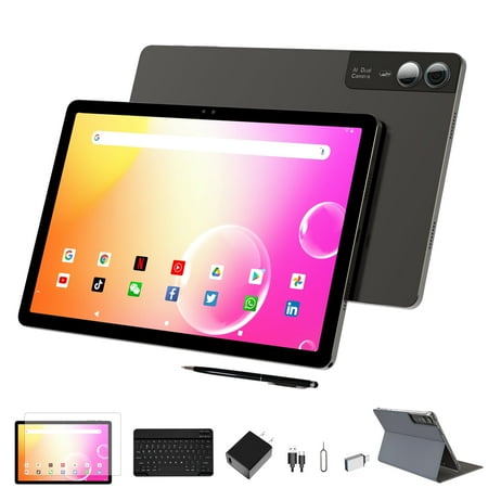 11 inch 2K Tablet with Keyboard Android 14 2000x1200 FHD IPS Display Tablets PC, Octa Core, 18GB RAM(6+12G)+128GB ROM(1TB TF), 5+5+13MP Camera, 9000mAh Battery, Surpport WiFi, GPS - Gray