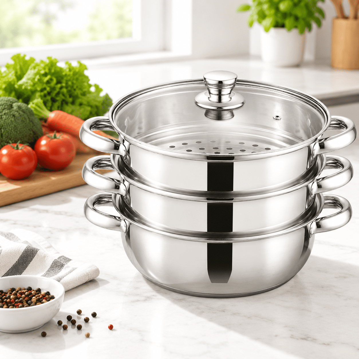 11-inch 3-Tier Stainless Steel Steamer Pot with Lid, Multipurpose ...