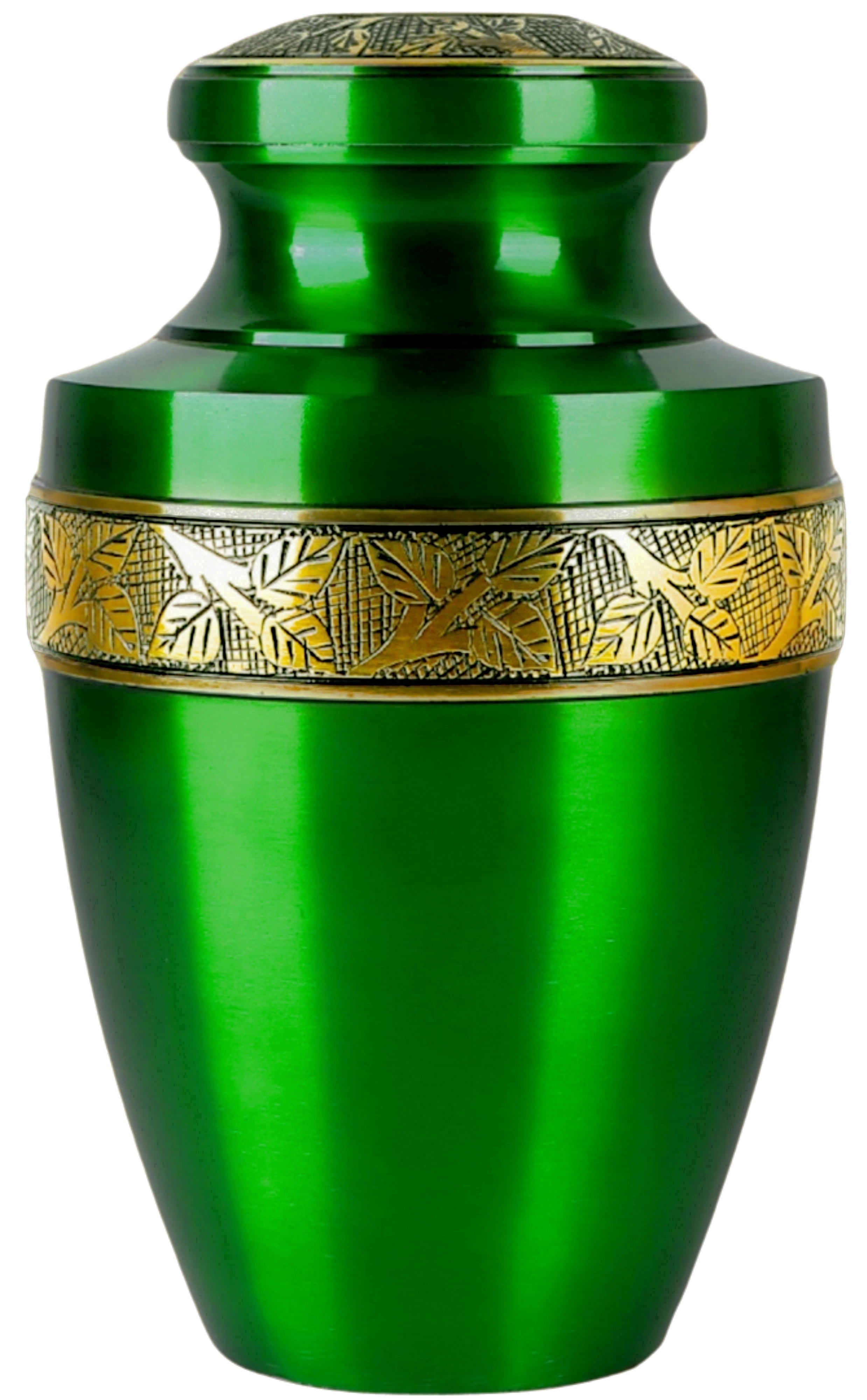 Handcrafted Aluminum Urn - Decorative Memorial Holder for Ashes and Remembrance (Grass Green & Royal Gold)