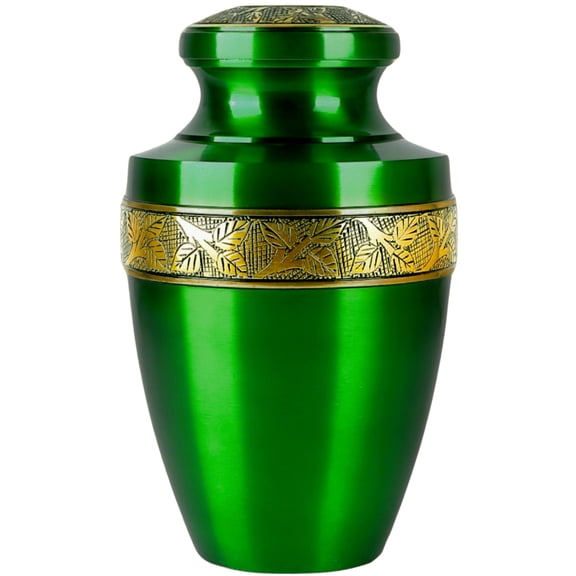 Handcrafted Aluminum Urn - Decorative Memorial Holder for Ashes and Remembrance (Grass Green & Royal Gold)