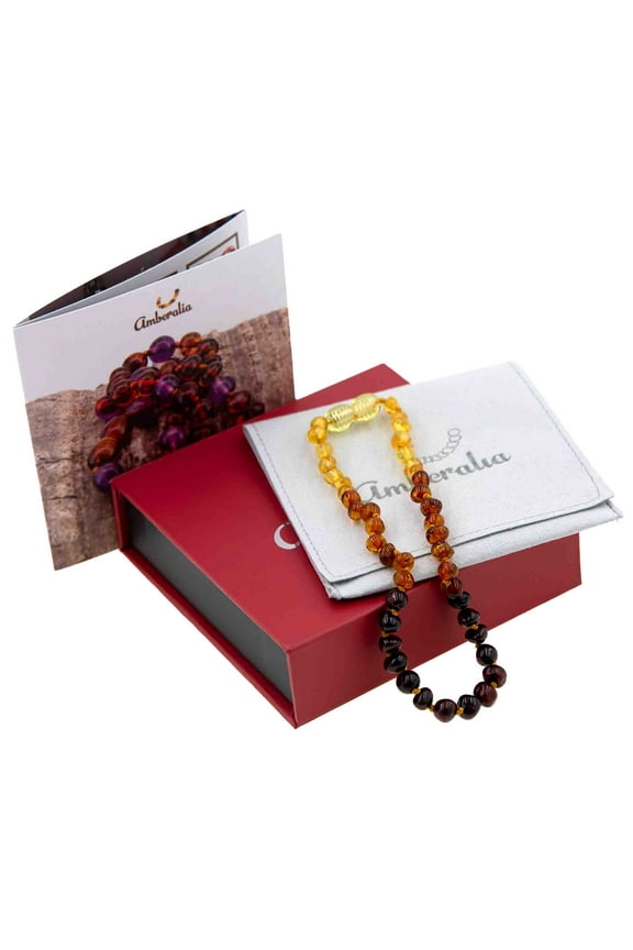 11-inch Amberalia Amber Infant necklace, imported from Lithuania. Certified Baltic Sea amber with gift box, customized message, and engraved storage linen bag included.