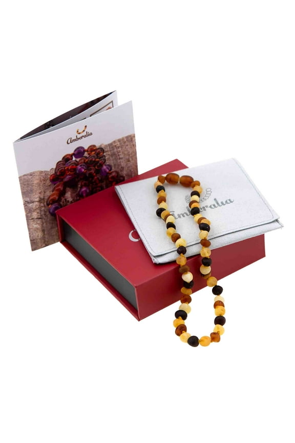 11-inch Amberalia Amber Infant necklace, imported from Lithuania. Certified Baltic Sea amber with gift box, customized message, and engraved storage linen bag included.