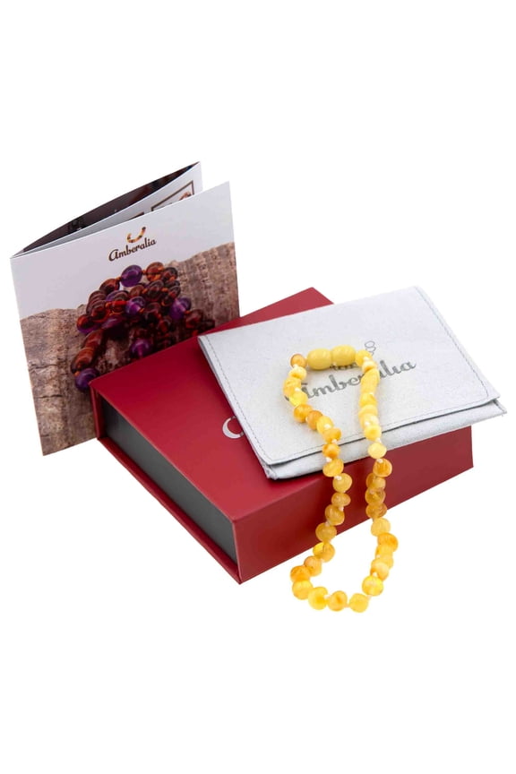 11-inch Amberalia Amber Infant necklace, imported from Lithuania. Certified Baltic Sea amber with gift box, customized message, and engraved storage linen bag included.