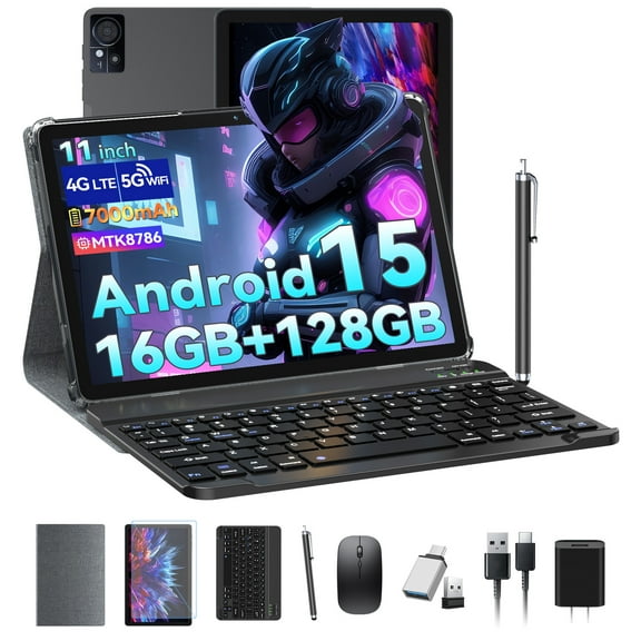 11 inch Android 15 Tablet, MTK8786 Octa-Core, 128GB Storage, 16GB RAM, 1TB Expand, 4G LET Tablet with Keyboard, FHD Ips Incell Screen, 7000mAh Battery, 13MP Dual Cameras, 5G WiFi, Face Unclocked, Gps