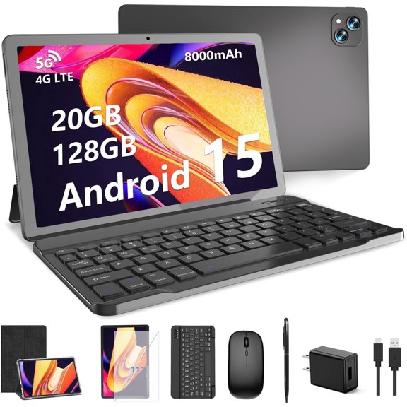 11 inch Android 15 Tablet, 20GB RAM 128GB ROM , 2TB Expand, 2.4G & 5G WiFi+Cellular, Octa-Core, 8000mAh, 5MP+13MP Dual Camera,T-Mobile SIM Card Support, Tableta with Keyboard , Case, Mouse, Stylus