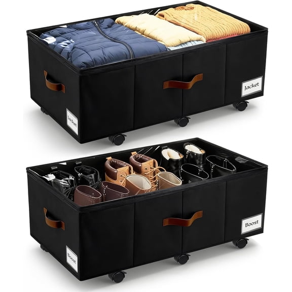11 inch Under Bed Storage with Wheels, 2-Pack Underbed Storage Containers for College Dorms Bedrooms Organization, Foldable Under Bed Drawers for Comforters, Blankets, Clothes & Shoes, Black