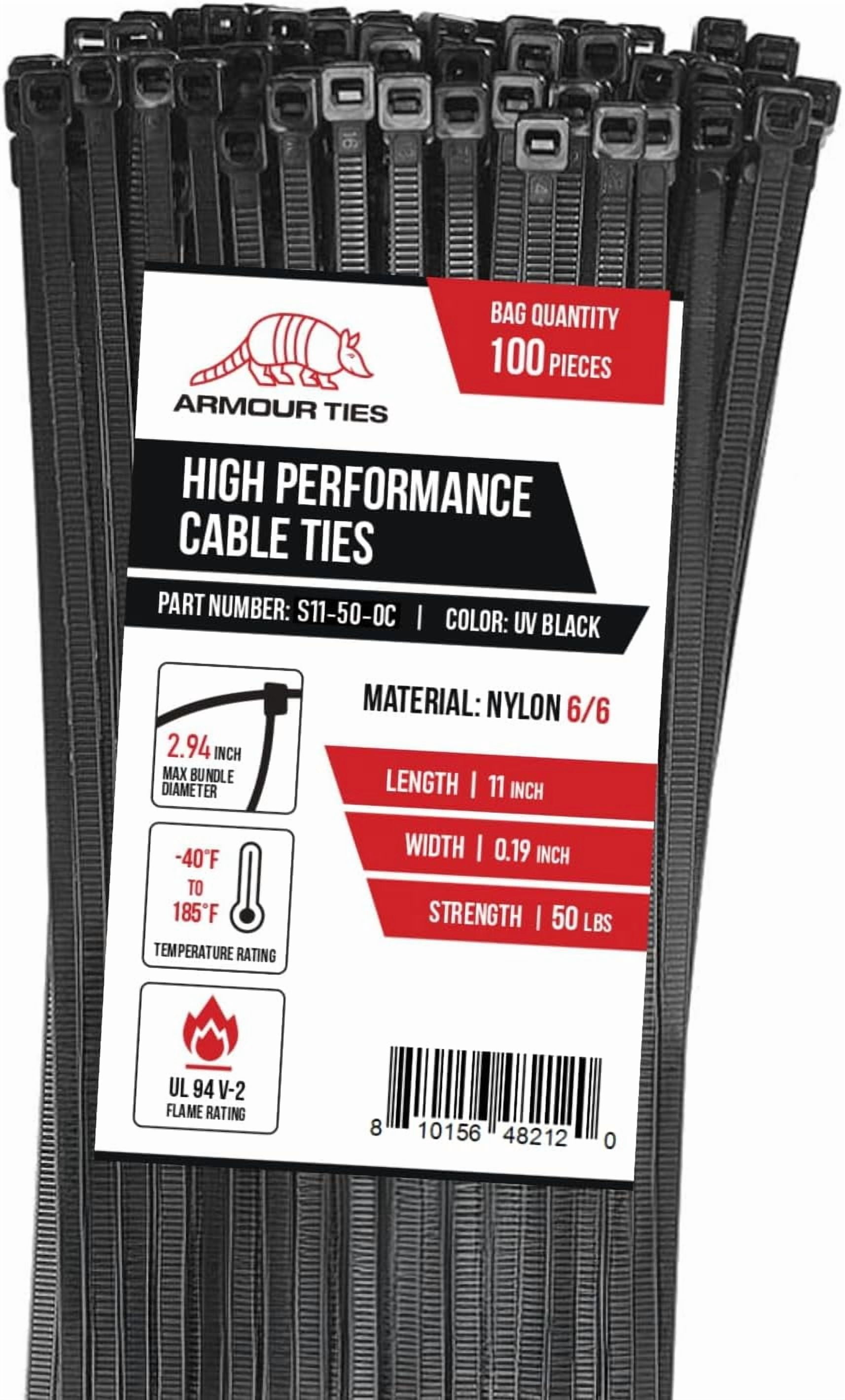 11-inch Black Zip Ties Heavy Duty UV Resistant Nylon , 50lb Tensile Strength, 100-Pack - Durable Wire Ties, Heavy Duty Tie Straps Indoor and Outdoor Cable Management Solution by