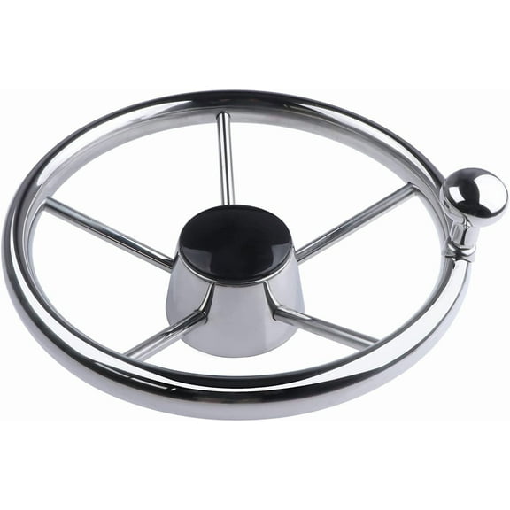 11 inch Boat Steering Wheel, Marine Stainless Steel Steering Wheel Adapter fit 3/4 inch Tapered Shaft, 5 Spoke 25 Degree Destroyer Style with Knob & Center Cap for Boats, Yachts, Pontoon Boats