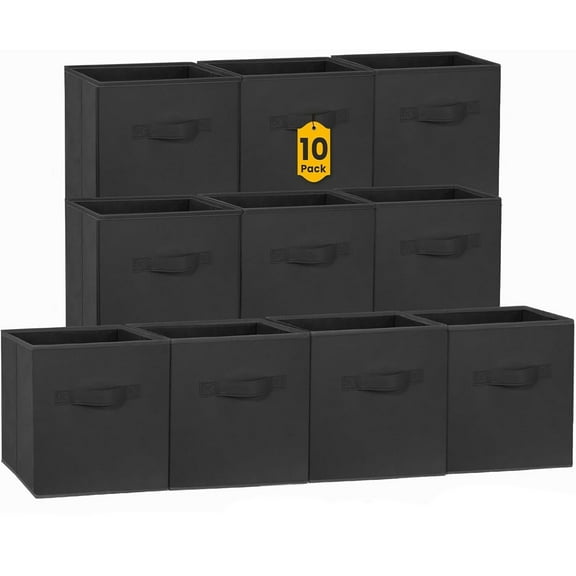 11 inch Clothes Storage Bins for Shelves Closet (10 Pack), Fabric Collapsible Storage Bins with Dual Handles, Black