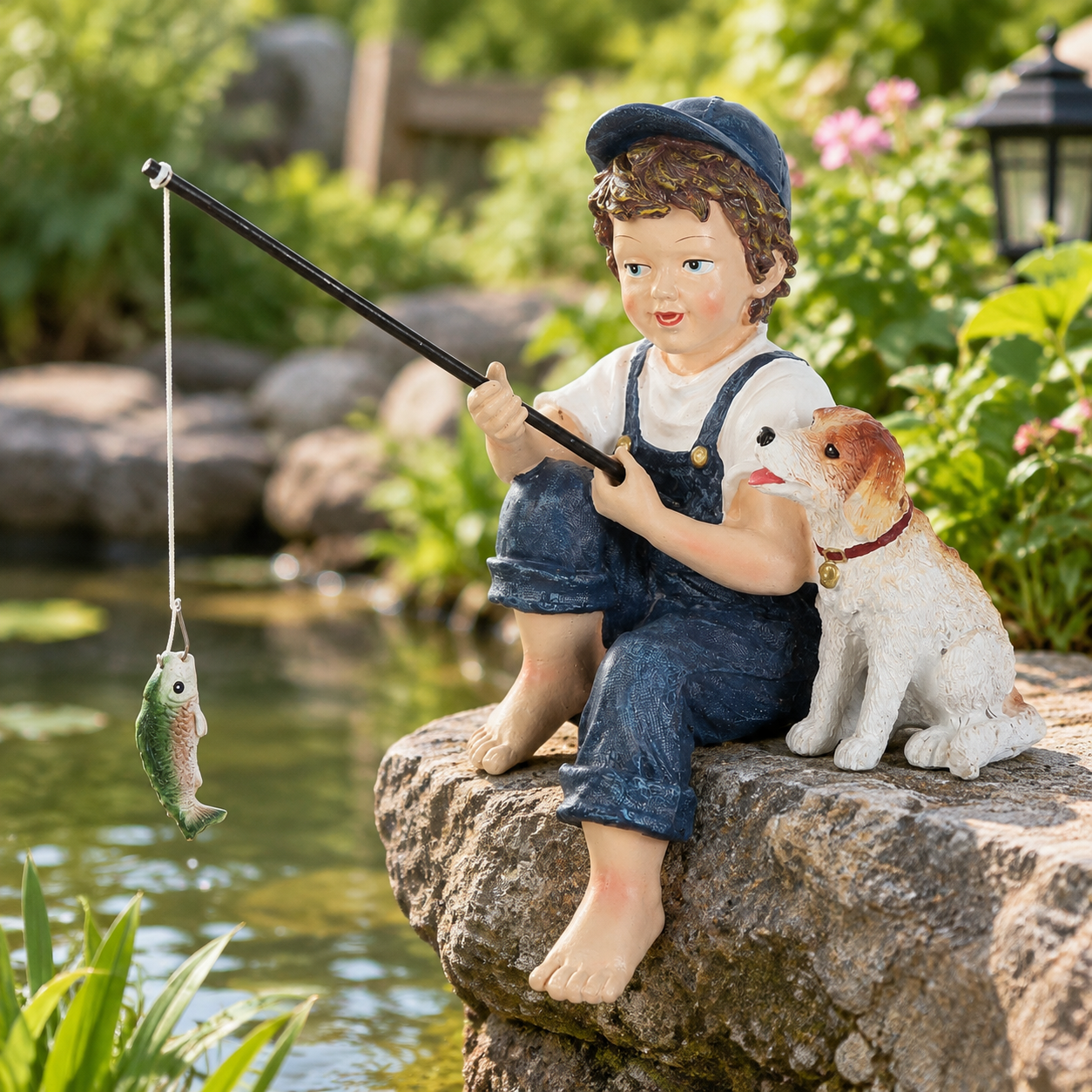 11-inch Fishing Boy And Dog Statue - Garden Decor For Outside Outdoor ...