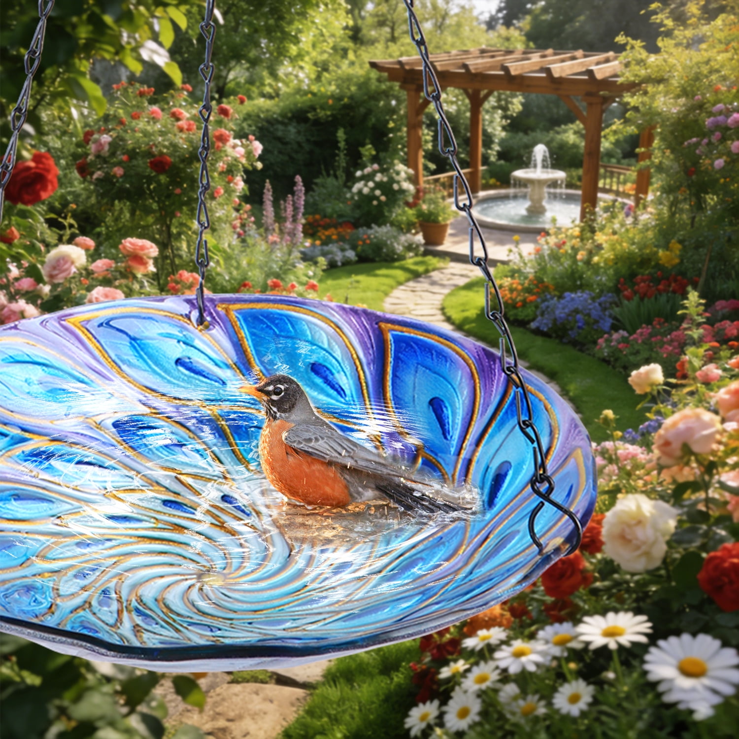 11 inch Hanging Bird Bath Glass BirdBath Peacock Outdoor Birdfeeder for Garden Yard Decoration
