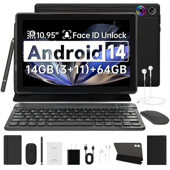 11 inch Tablet Android 14 Octa-Core, 14GB RAM+64GB ROM (TF 1TB), 6800mAh, Widevine L1, WiFi 6, 8 in 1 Tablet with Keyboard, Mouse, Protective Case, Stylus, Headset, Charger- Black
