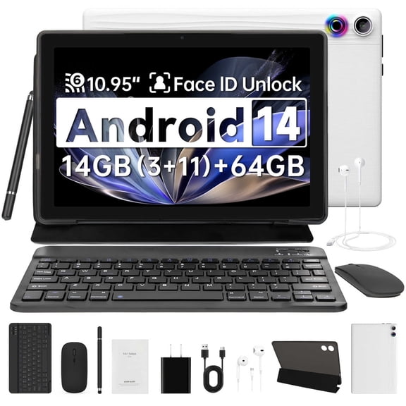 11 inch Tablet Android 14 Octa-Core, 14GB RAM+64GB ROM (TF 1TB), 6800mAh, Widevine L1, WiFi 6, 8 in 1 Tablet with Keyboard, Mouse, Protective Case, Stylus, Headset, Charger- White
