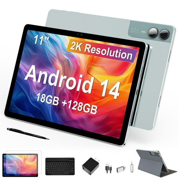 11 inch Tablet with Keyboard 2K Display Android 14 2000x1200 FHD IPS Tablets PC, T616 Octa Core, 18GB RAM 128GB ROM (Support 1TB Card), 5+5+13MP Camera, 9000mAh Battery, Surpport WiFi, GPS - Green