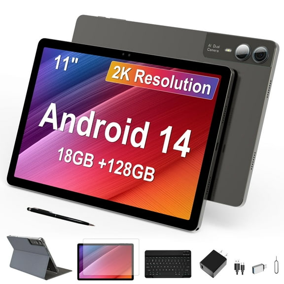 11 inch Tablet with Keyboard Android 14 2000*1200 2K Display Tablets PC, T616 Octa-Core 2.0GHz, 18GB RAM 128GB ROM 1TB Expandable, 5M+5M+13MP AI Camera, 9000mAh Battery, WiFi, Bluetooth, GPS
