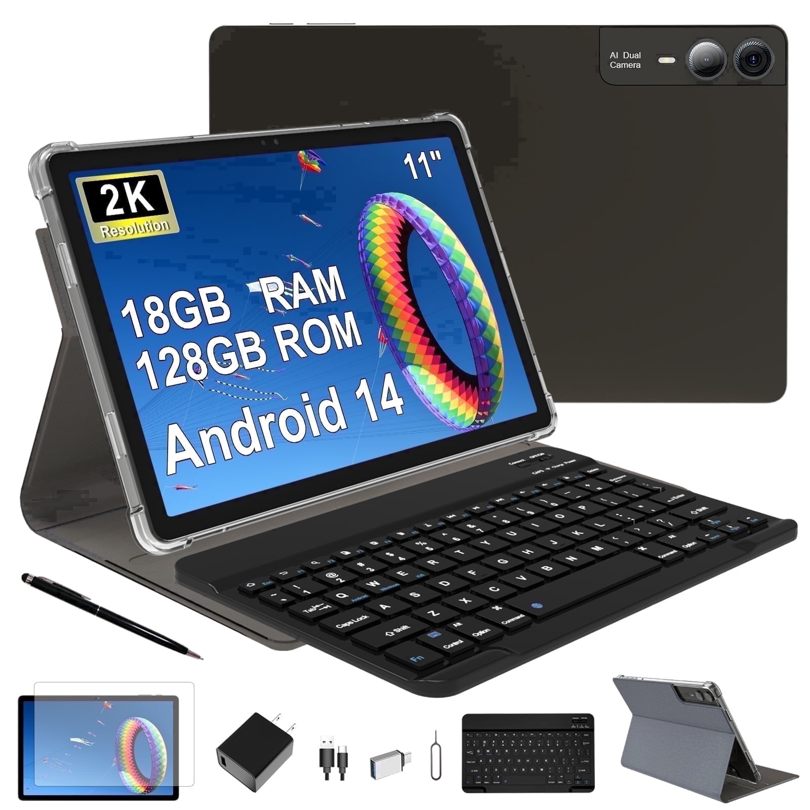 11 inch Tablet with Keyboard Android 14 2000*1200 2K Display Tablets PC, T616 Octa-Core 2.0GHz, 18GB RAM 128GB ROM 1TB Expandable, 5M+5M+13MP AI Camera, 9000mAh Battery, With Case, Pen