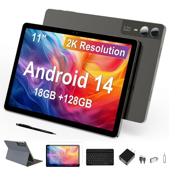 11 inch Tablet with Keyboard Android 14 2000*1200 2K Display Tablets PC, T616 Octa-Core 2.0GHz, 18GB RAM 128GB ROM 1TB Expandable, 5M+5M+13MP AI Camera, 9000mAh Battery, WiFi, Bluetooth, GPS