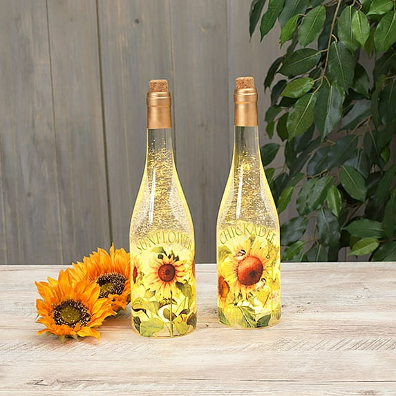 11 inch wine bottle lighted spinning water lantern with sunflowers set of 2