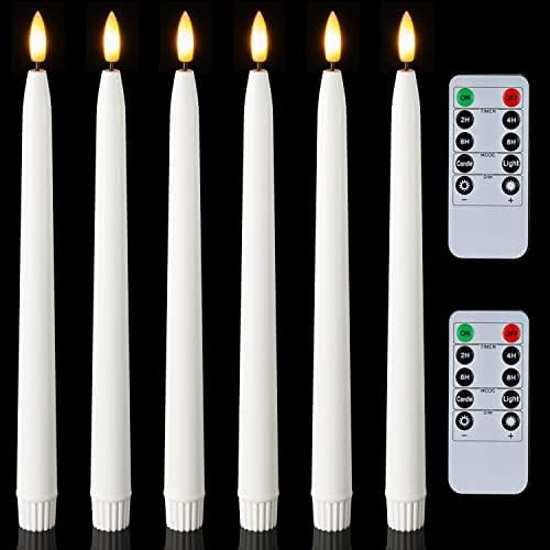 11 inches Waxy Battery Operated Taper Candles with Remote Timer Dimmer, 6 Pcs Flameless Taper Candles with Flickering Flame, White Candlesticks Battery Powered for Ceremony Memorial Decor