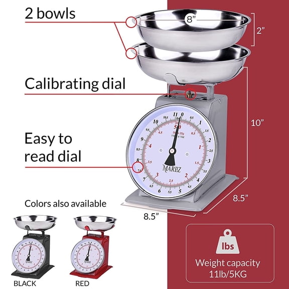 11 lb/ 5Kg Old Antique Style Mechanical Kitchen Scale with 2 Bowls | Analog Food Weight Scales for Kitchen | Grey