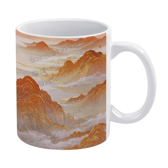 11 oz Ceramic Coffee Mug - Orange Decor Mountain Themed, Perfect for Morning Brews