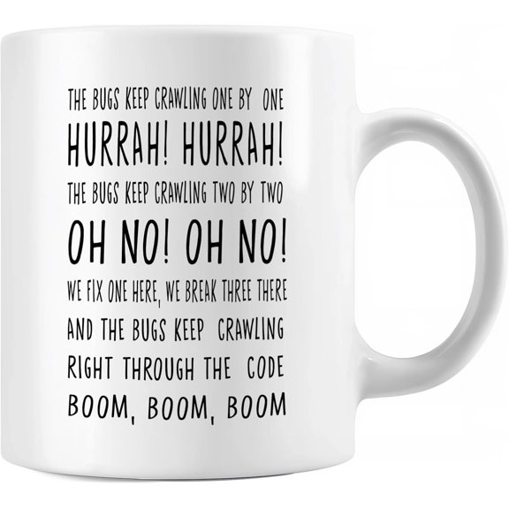 11 oz Ceramic Mug with Funny Coding Bugs Quote, Microwave and Dishwasher Safe, Gift Wrapped with Protective Foam, Printed on Both Sides for Programmers and Developers