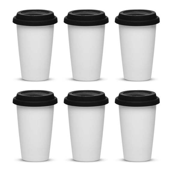 11 oz. Double Wall Ceramic Tumblers with Lid - 6 Pack - Black