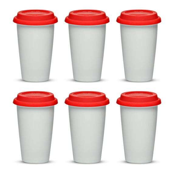 11 oz. Double Wall Ceramic Tumblers with Lid - 6 Pack - Red