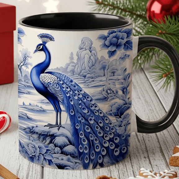 11 oz Peacock Blue and White Porcelain Style Coffee Mug