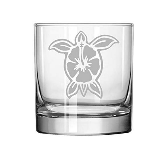 11 oz Rocks Whiskey Highball Glass Hibiscus Turtle