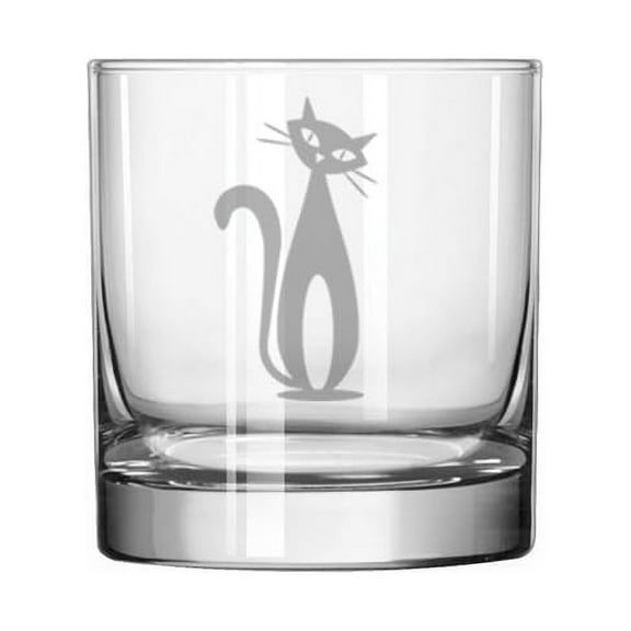 11 oz Rocks Whiskey Old Fashioned Glass Gift Atomic Cat Mid Century Modern Cat
