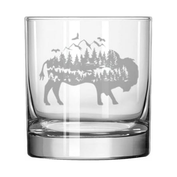 11 oz Rocks Whiskey Old Fashioned Glass Gift Buffalo Forest Mountains Eagle