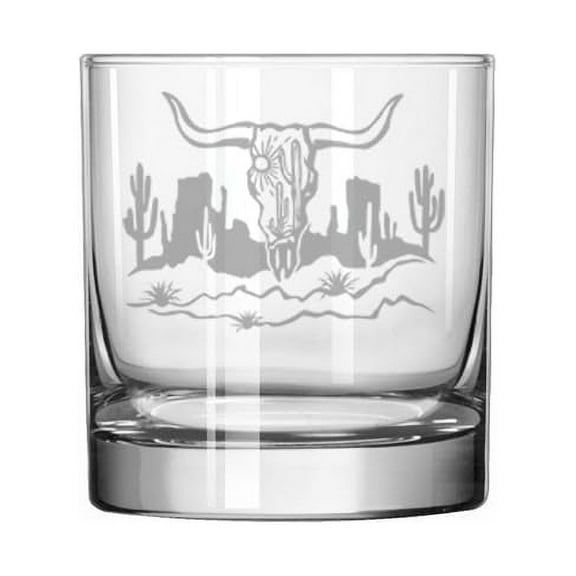 11 oz Rocks Whiskey Old Fashioned Glass Gift Cow Skull Cactus Desert Western Scene