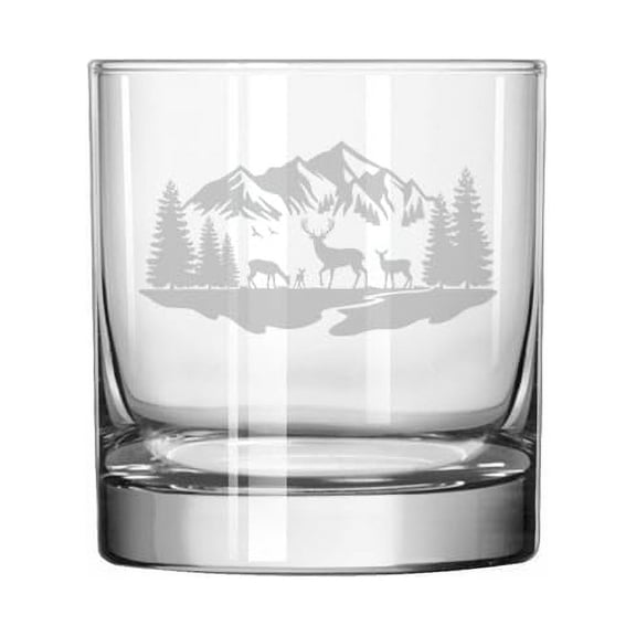 11 oz Rocks Whiskey Old Fashioned Glass Gift Deer Mountain Forest River Scene