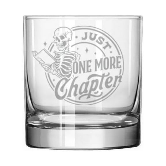 11 oz Rocks Whiskey Old Fashioned Glass Gift Reading Skeleton Just One More Chapter Book Lover