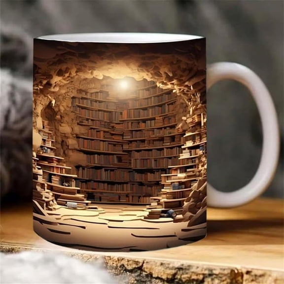11 oz White Ceramic Bookshelf Mug, 3D Multi-Purpose Bookshelf Mug, Funny Double-Sided Coffee/Tea Cup for Book Lovers