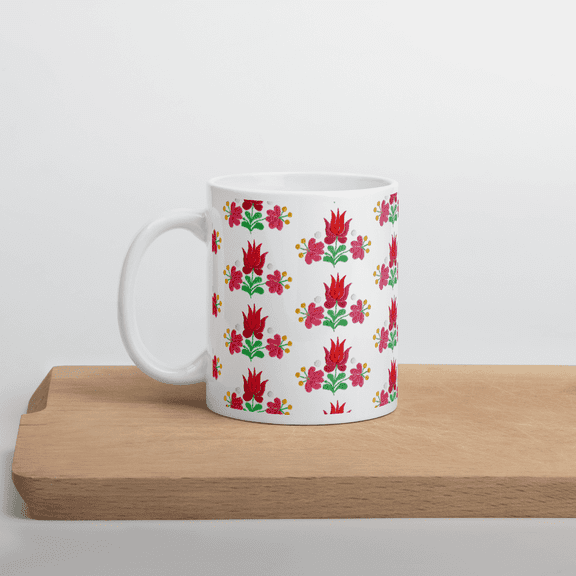 11 oz. White Glossy Folk Tale Essentials Mug with Hungarian Folk Art Design