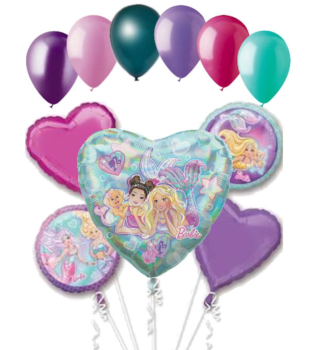 JECKAROONIE 11 pc Barbie Mermaid Heart Balloon Bouquet Party Decoration Doll Happy Birthday