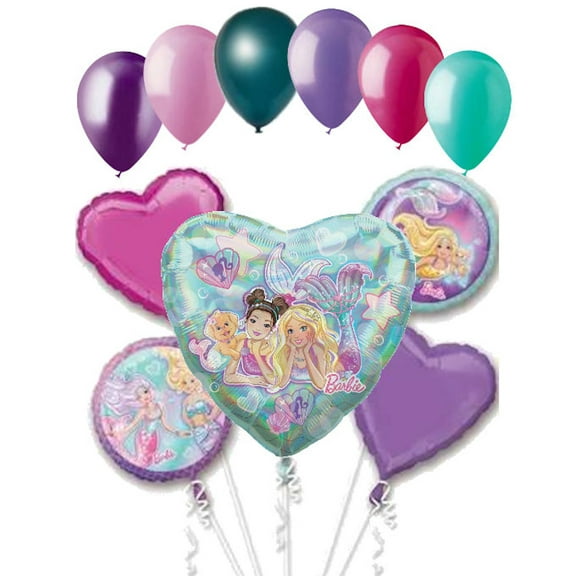 11 pc Barbie Mermaid Heart Balloon Bouquet Party Decoration Doll Happy Birthday