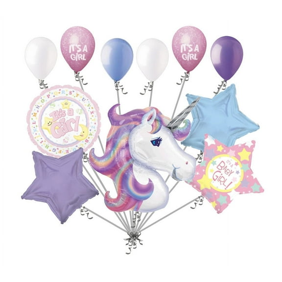 11 pc Pastel Unicorn Girl Baby Shower Balloon Bouquet Party Decoration Star Moon