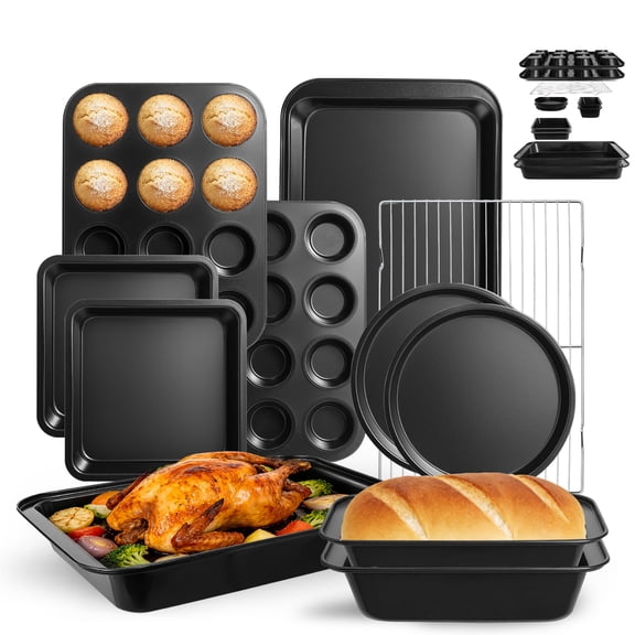 11-piece Nonstick Baking Pans Set - Professional Grade Carbon Steel Bakeware With Coating- Dishwasher Safe Stackable Oven To 450°f (black)