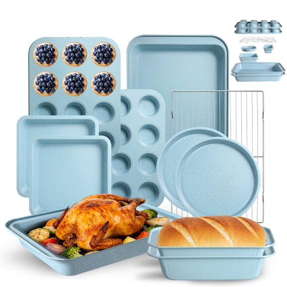11-piece Nonstick Baking Pans Set - Professional Grade Carbon Steel Bakeware With Coating- Dishwasher Safe  Stackable Oven To 450°f (slight Blue)