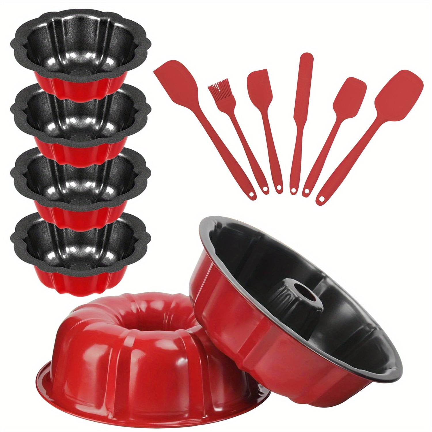 11-piece baking set, 2 non-stick 9.5-inch pumpkin pans, 4 small pumpkin pans, fluted cake pans, for anniversary holiday family gatherings Homemade cake quiches, with red silicone baking accessories
