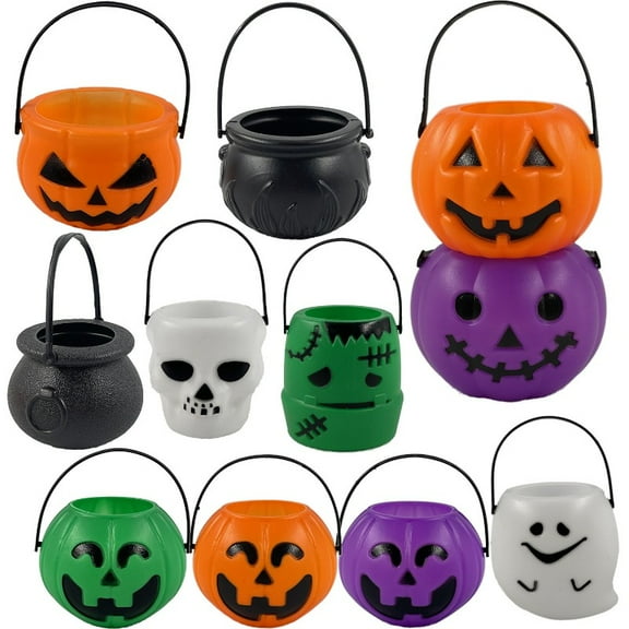 11 piece set of mini plastic pumpkin buckets, Halloween party supplies, suitable for children, trick or treat, pumpkin jars, ghost buckets, witch buckets, ghost festival skeleton buckets, decorations