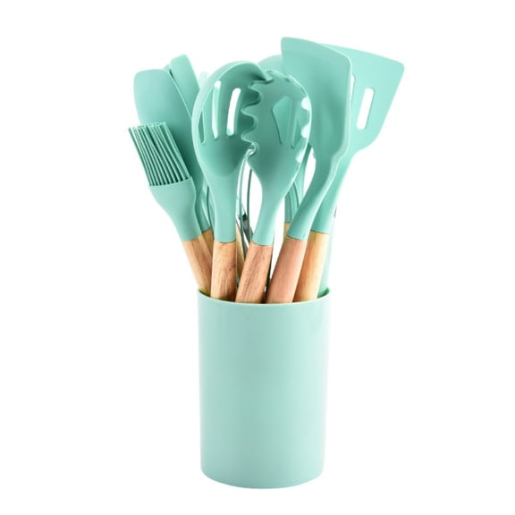 11 piece set of silicone kitchenware with wooden handle, non stick spatula kitchenware set with storage bucket, 12 piece set