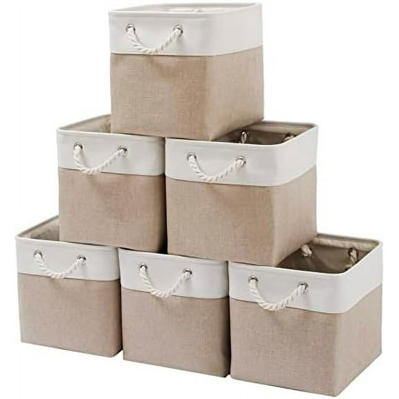 11 x 11 Inch Cube Storage Bins, 6 Pack Large Collapsible Fabric Storage Bin with Ropes, Foldable Storage Cubes for Home, Office,Closet, Clothes, Toys Organizer (White & Beige-11"x11"x11")