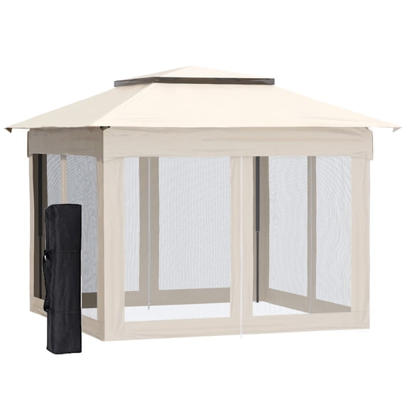 11' x 11' Pop Up Canopy, Outdoor Patio Gazebo Shelter with Removable Zipper Netting, Instant Event Tent with 121 sq.ft Shade and Carry Bag for Backyard, Garden, Base 10x10, Beige