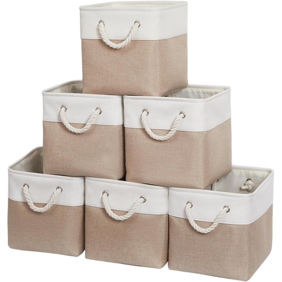 11 x 11 x 11 Inch Collapsible Linen Fabric Storage Cubes, 6-Pack Foldable Organizer Bins with Ropes, White and Beige