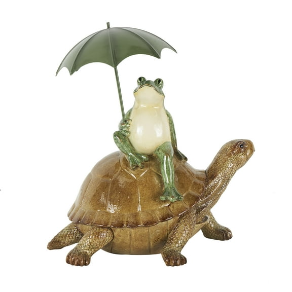 11" x 12" Bronze Resin Sitting Frog Sculpture with Umbrella and Brown Walking Turtle, by DecMode