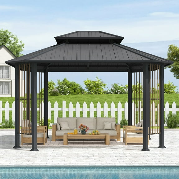 11' x 13 Outdoor Octagon Gazebo, Outdoor Pavilion Hardtop Gazebo with Double Tiered Ventilated Roof, Dual Rails and Ceiling Hook for Patio, Garden, Backyard Shade